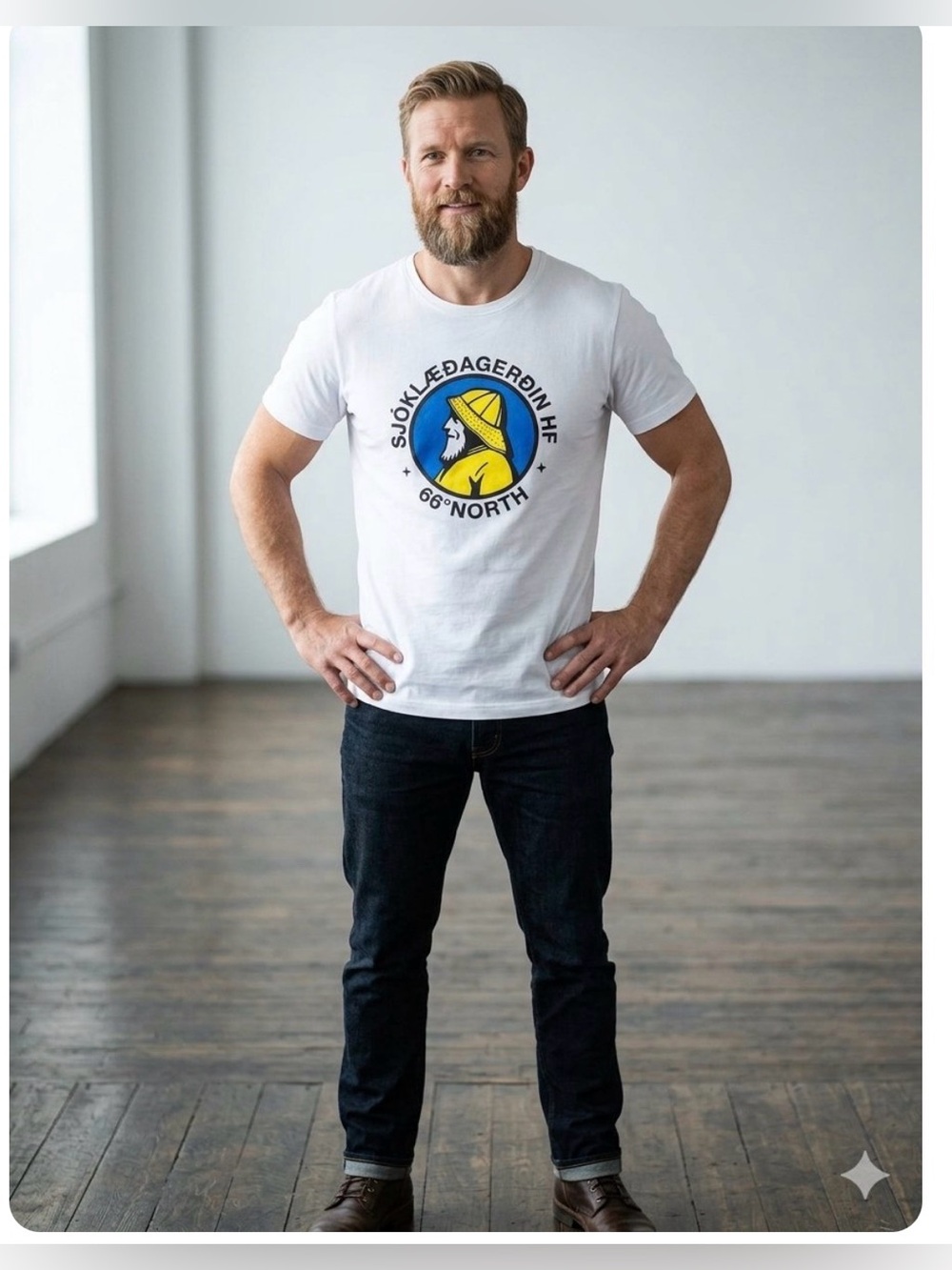 66°North Men's White Graphic Logo T-Shirt - Yellow & Blue Print